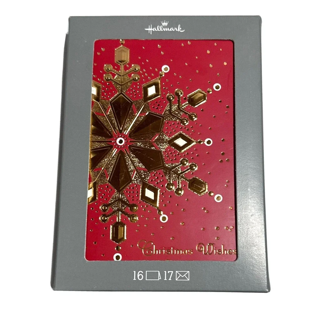 Hallmark 16 Christmas Cards 17 envelopes  Christmas Wishes Red Gold Snow NIB